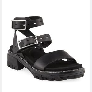 rag & bone Black Chunky Lug Sole Leather Sandals with Silver Buckles